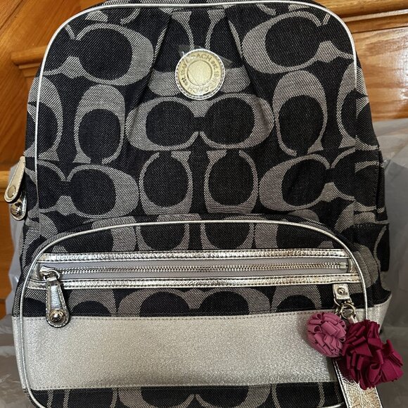 Coach Signature Denim & Silver Stripe Poppy Backpack - Picture 1 of 6